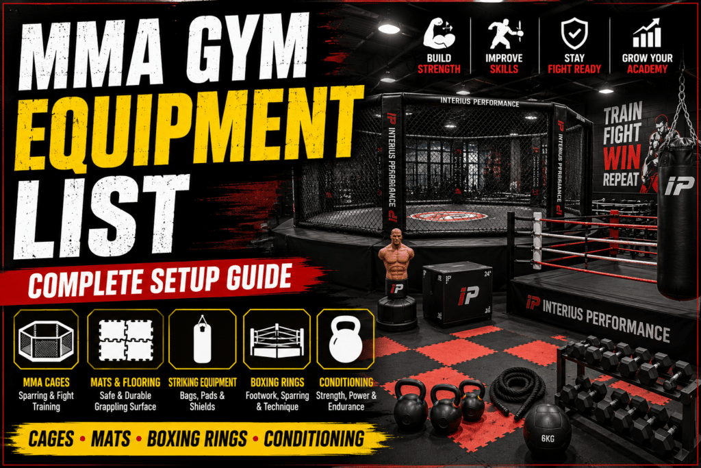 Professional MMA gym equipment including MMA cage, boxing ring, mats and functional training equipment