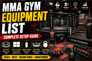 Professional MMA gym equipment including MMA cage, boxing ring, mats and functional training equipment