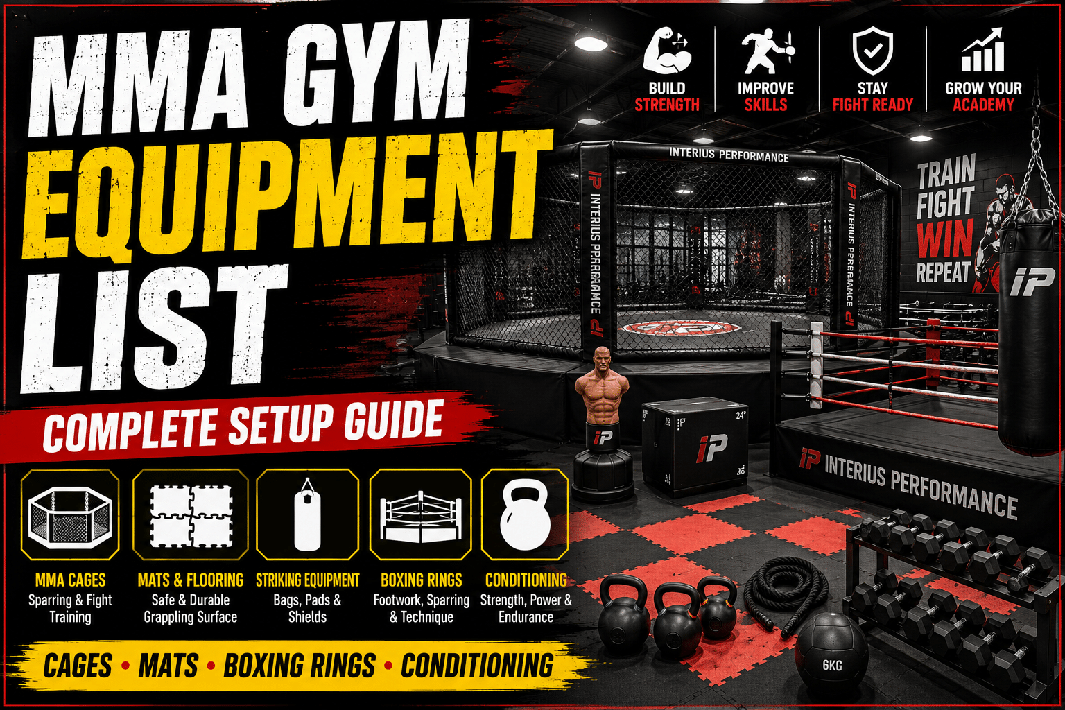 Professional MMA gym equipment including MMA cage, boxing ring, mats and functional training equipment