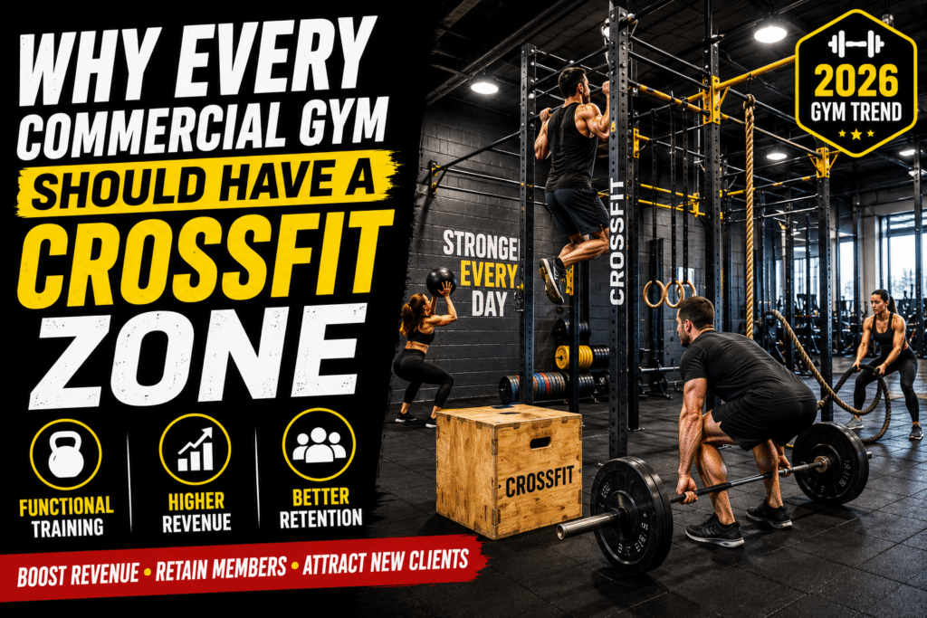 Commercial gym with CrossFit zone featuring functional training equipment and CrossFit rig