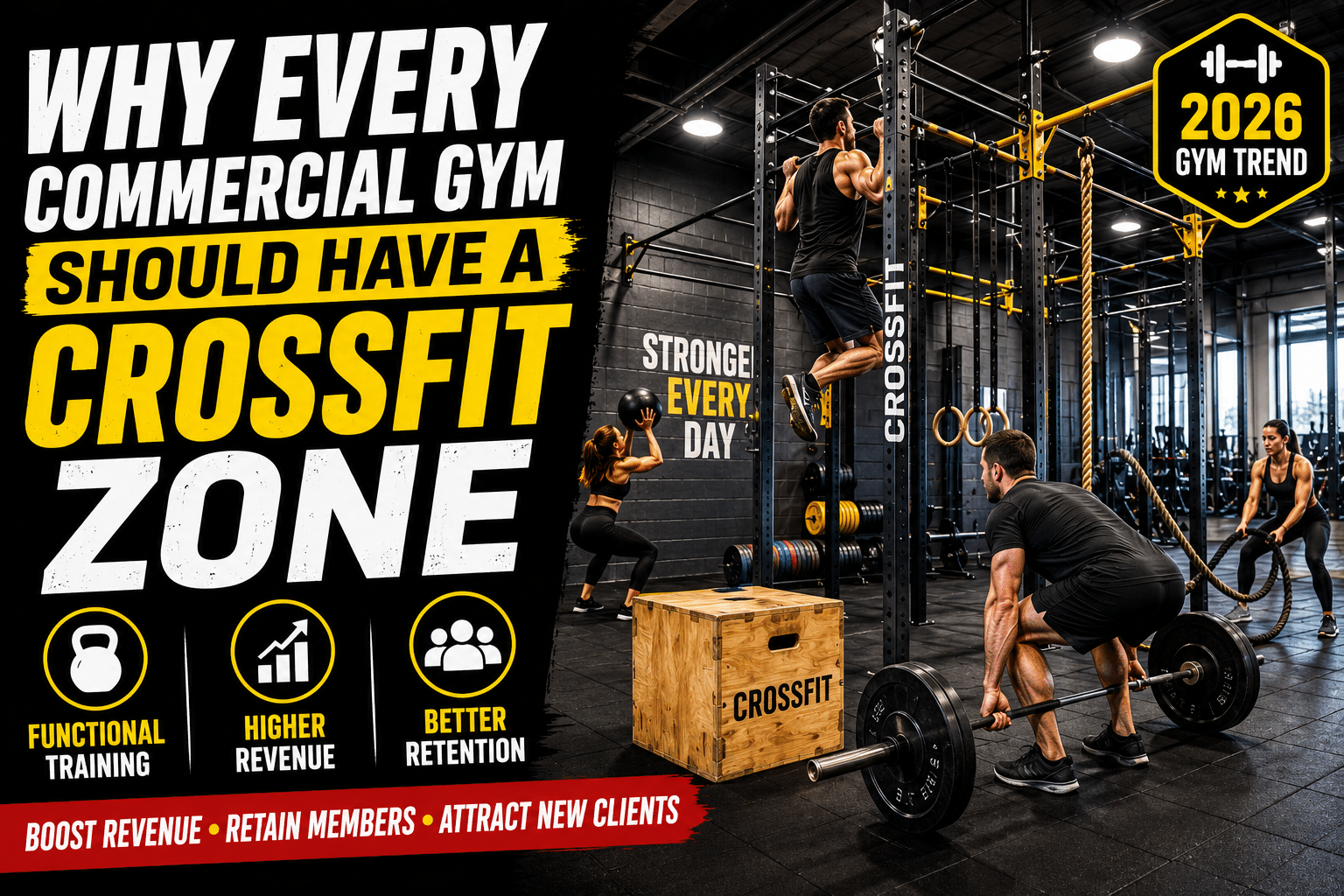 Commercial gym with CrossFit zone featuring functional training equipment and CrossFit rig