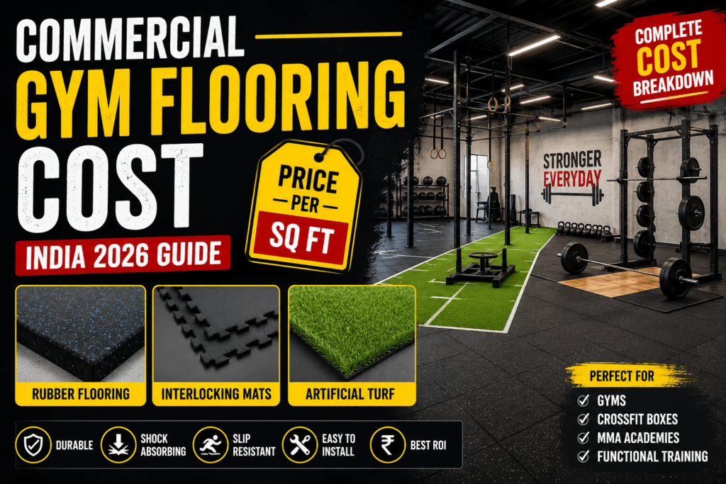 Commercial gym flooring cost guide showing rubber flooring, gym mats, artificial turf, and functional training area in a modern gym.