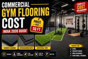 Commercial gym flooring cost guide showing rubber flooring, gym mats, artificial turf, and functional training area in a modern gym.