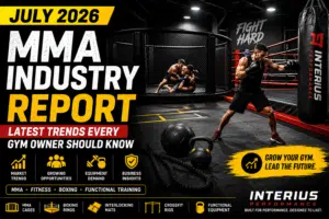 July 2026 MMA Industry Report thumbnail featuring a professional MMA cage, boxing ring, heavy punching bag, functional training equipment, and athletes training in a modern commercial gym, highlighting the latest MMA and fitness industry trends in India.