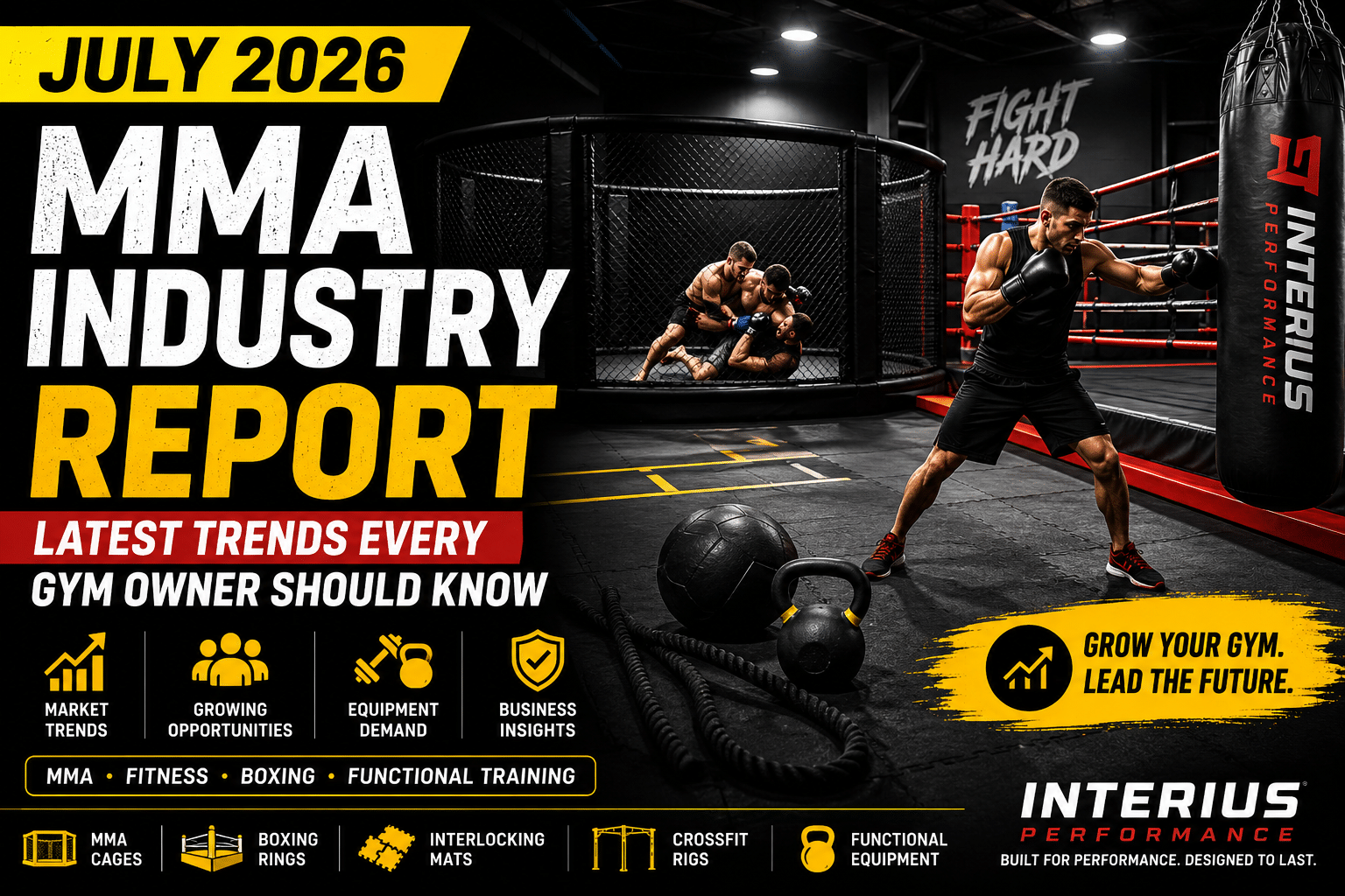July 2026 MMA Industry Report thumbnail featuring a professional MMA cage, boxing ring, heavy punching bag, functional training equipment, and athletes training in a modern commercial gym, highlighting the latest MMA and fitness industry trends in India.